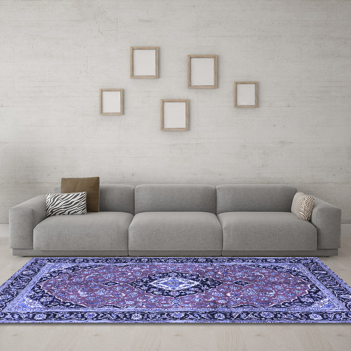 Machine Washable Medallion Blue Traditional Rug in a Living Room, wshtr1243blu