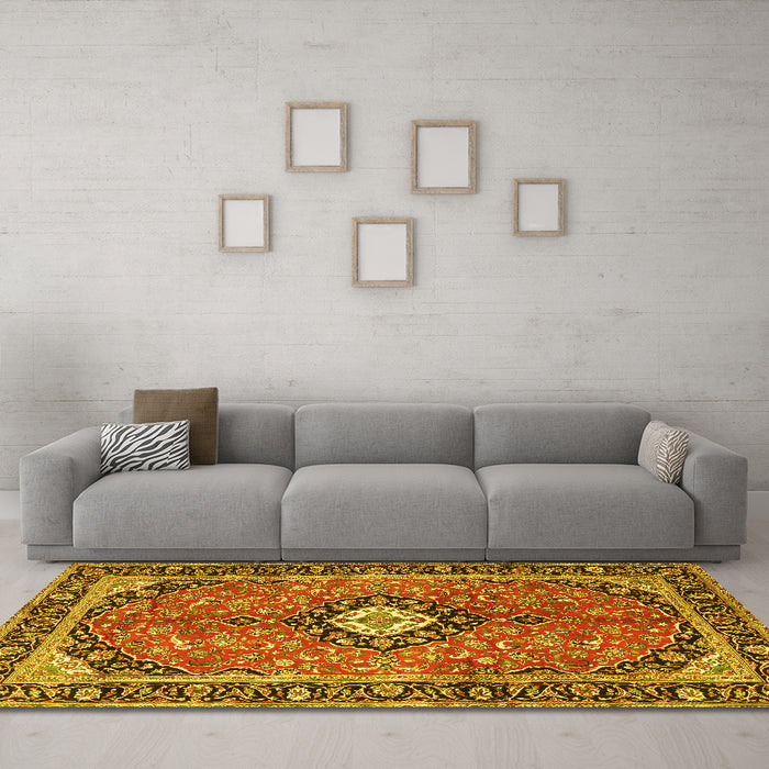 Machine Washable Medallion Yellow Traditional Rug in a Living Room, wshtr1243yw