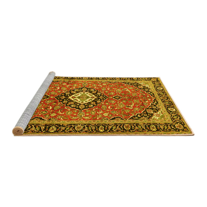 Sideview of Machine Washable Medallion Yellow Traditional Rug, wshtr1243yw