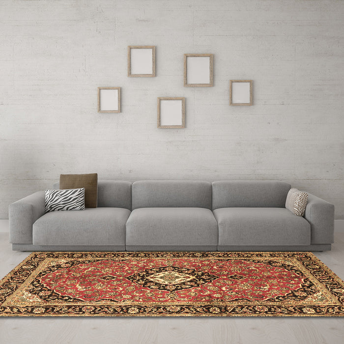 Machine Washable Medallion Brown Traditional Rug in a Living Room,, wshtr1243brn