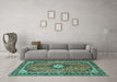 Machine Washable Medallion Turquoise Traditional Area Rugs in a Living Room,, wshtr1243turq