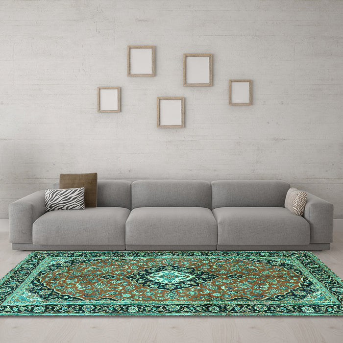 Machine Washable Medallion Turquoise Traditional Area Rugs in a Living Room,, wshtr1243turq