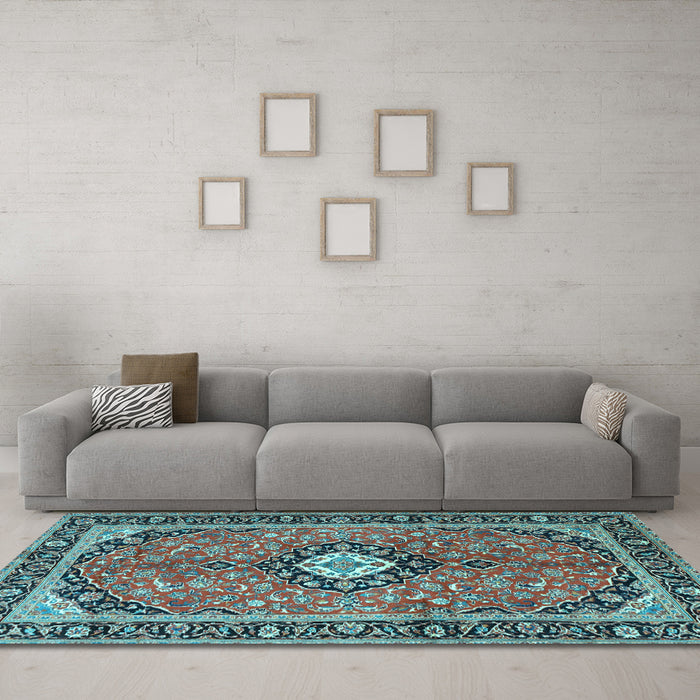 Machine Washable Medallion Light Blue Traditional Rug in a Living Room, wshtr1243lblu