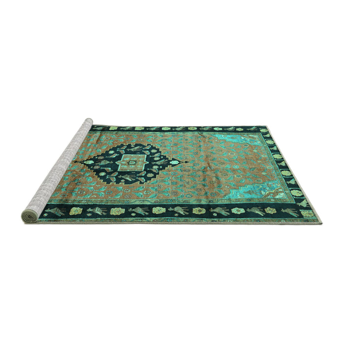 Sideview of Machine Washable Medallion Turquoise Traditional Area Rugs, wshtr1244turq