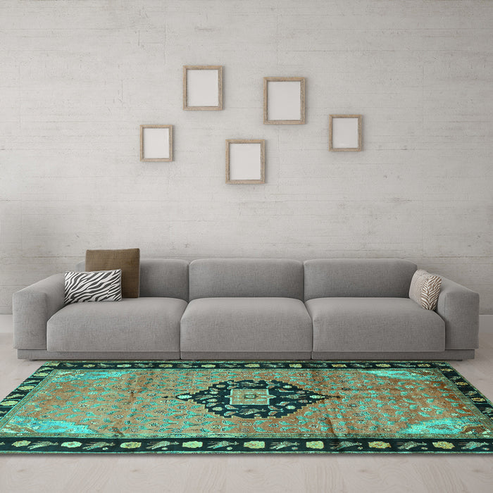 Machine Washable Medallion Turquoise Traditional Area Rugs in a Living Room,, wshtr1244turq