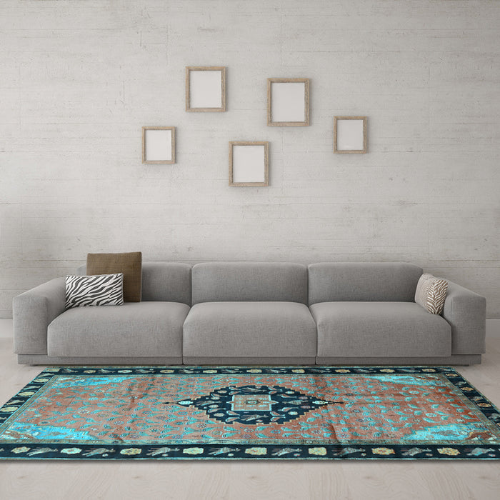 Machine Washable Medallion Light Blue Traditional Rug in a Living Room, wshtr1244lblu