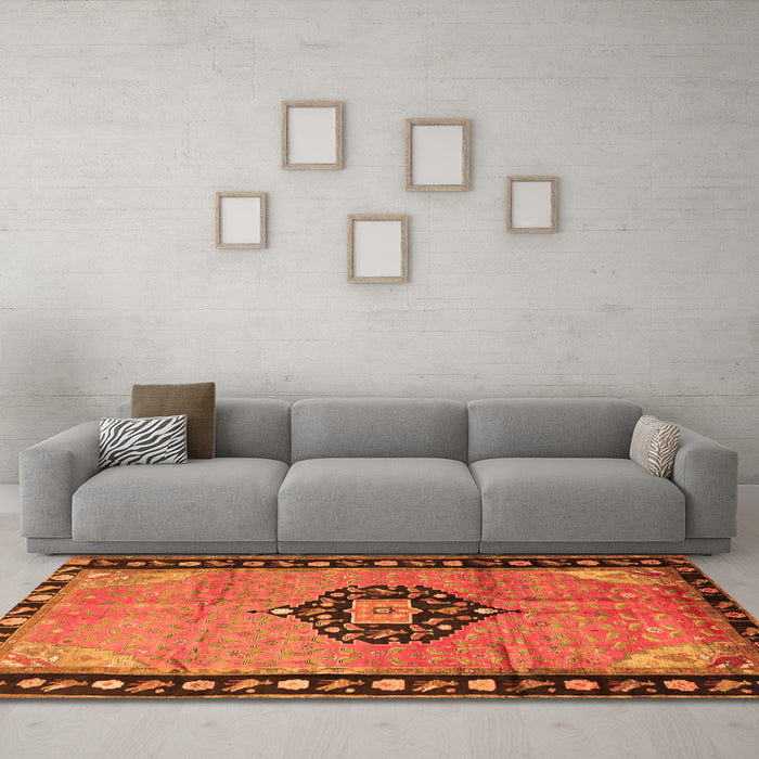 Machine Washable Medallion Orange Traditional Area Rugs in a Living Room, wshtr1244org