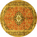 Round Machine Washable Medallion Yellow Traditional Rug, wshtr1245yw