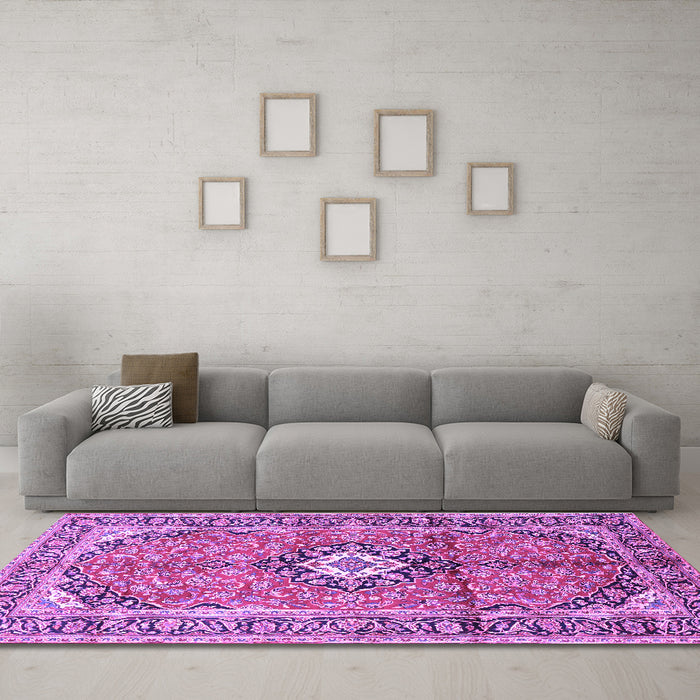 Machine Washable Medallion Purple Traditional Area Rugs in a Living Room, wshtr1245pur