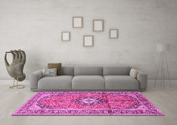 Machine Washable Medallion Pink Traditional Rug in a Living Room, wshtr1245pnk