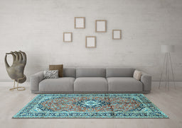 Machine Washable Medallion Light Blue Traditional Rug in a Living Room, wshtr1245lblu