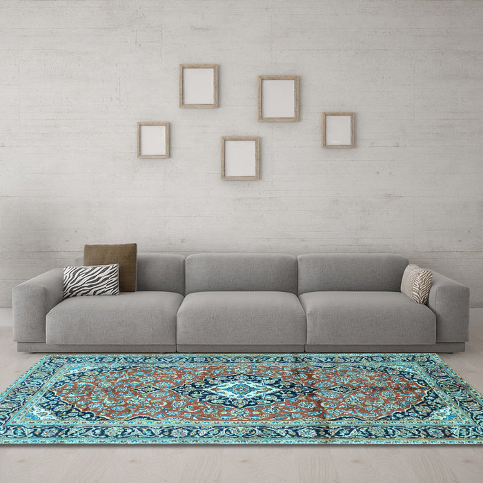 Machine Washable Medallion Light Blue Traditional Rug in a Living Room, wshtr1245lblu