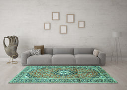 Machine Washable Medallion Turquoise Traditional Area Rugs in a Living Room,, wshtr1245turq