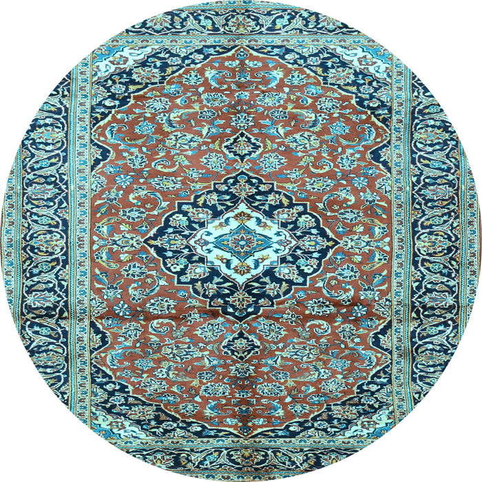 Round Machine Washable Medallion Light Blue Traditional Rug, wshtr1245lblu