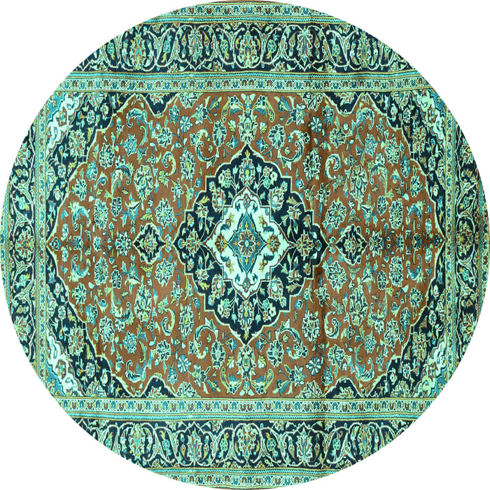 Round Machine Washable Medallion Turquoise Traditional Area Rugs, wshtr1245turq