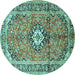 Round Machine Washable Medallion Turquoise Traditional Area Rugs, wshtr1245turq