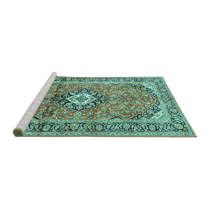Sideview of Machine Washable Medallion Turquoise Traditional Area Rugs, wshtr1245turq