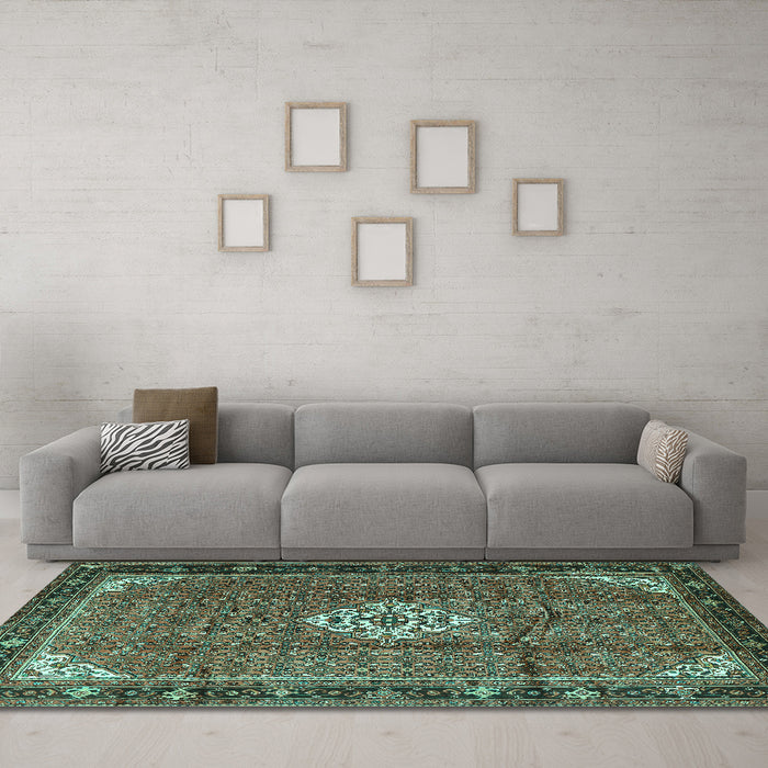 Machine Washable Persian Turquoise Traditional Area Rugs in a Living Room,, wshtr1246turq