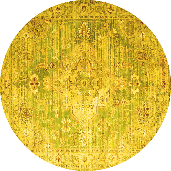 Round Machine Washable Medallion Yellow Traditional Rug, wshtr1249yw