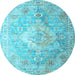 Round Machine Washable Medallion Light Blue Traditional Rug, wshtr1249lblu