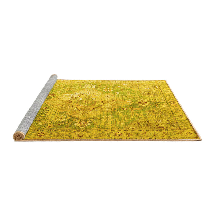 Sideview of Machine Washable Medallion Yellow Traditional Rug, wshtr1249yw