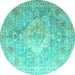 Round Machine Washable Medallion Turquoise Traditional Area Rugs, wshtr1249turq