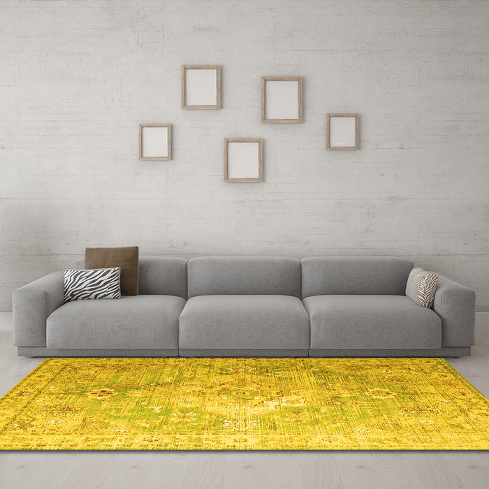 Machine Washable Medallion Yellow Traditional Rug in a Living Room, wshtr1249yw