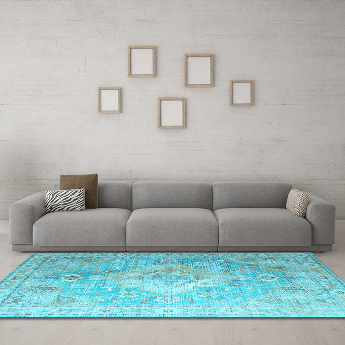 Machine Washable Medallion Light Blue Traditional Rug in a Living Room, wshtr1249lblu