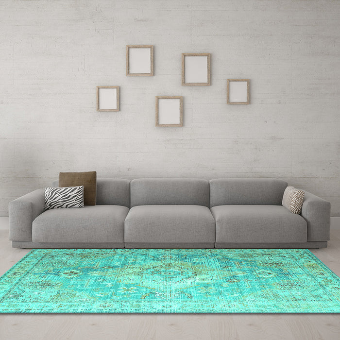 Machine Washable Medallion Turquoise Traditional Area Rugs in a Living Room,, wshtr1249turq