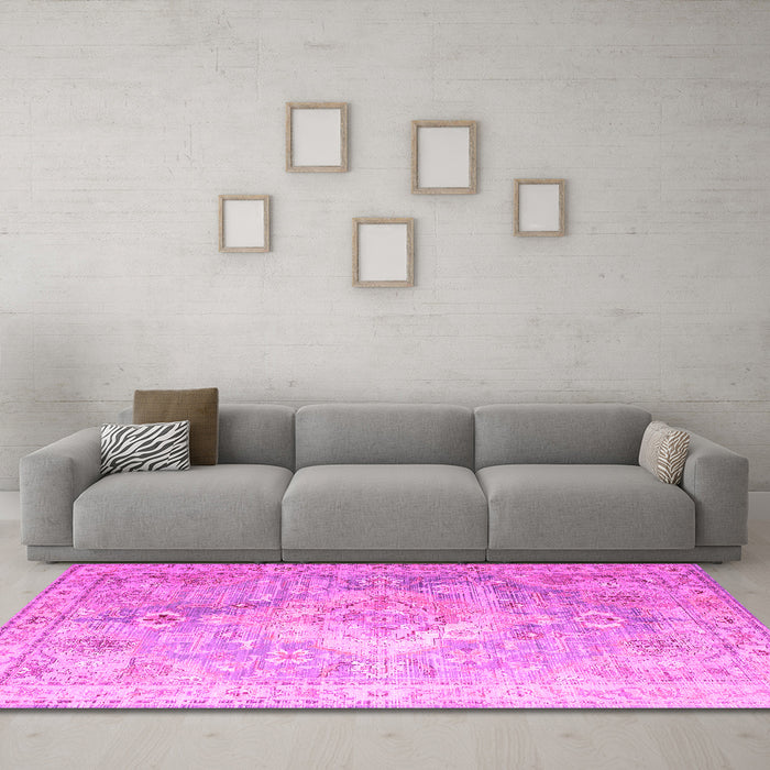 Machine Washable Medallion Pink Traditional Rug in a Living Room, wshtr1249pnk