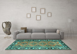 Machine Washable Persian Turquoise Traditional Area Rugs in a Living Room,, wshtr1251turq