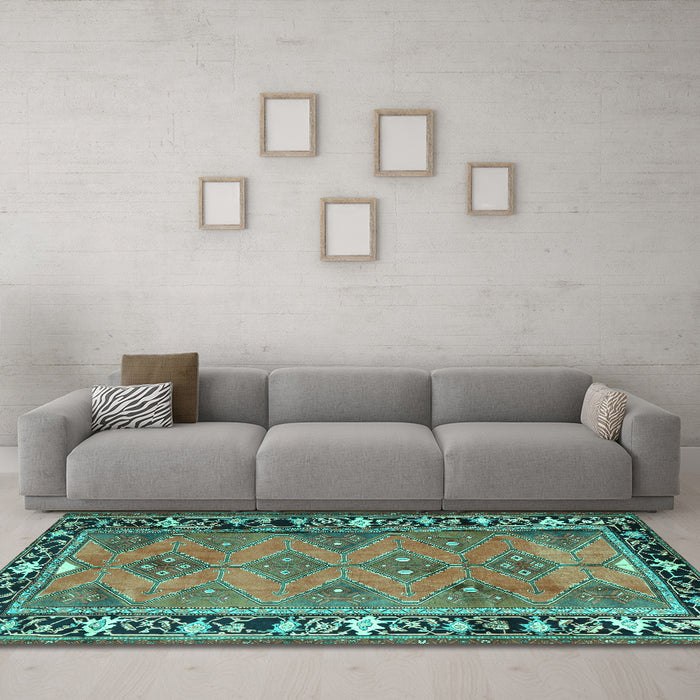 Machine Washable Persian Turquoise Traditional Area Rugs in a Living Room,, wshtr1251turq