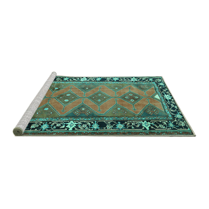 Sideview of Machine Washable Persian Turquoise Traditional Area Rugs, wshtr1251turq
