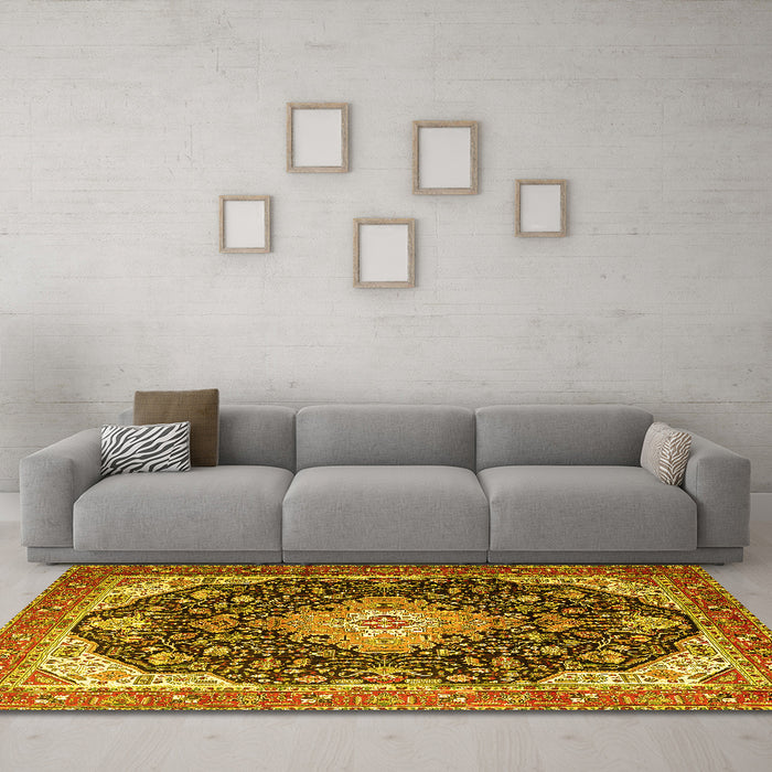 Machine Washable Medallion Yellow Traditional Rug in a Living Room, wshtr1252yw