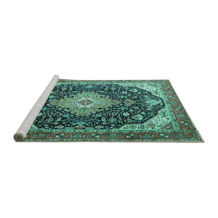 Sideview of Machine Washable Medallion Turquoise Traditional Area Rugs, wshtr1252turq