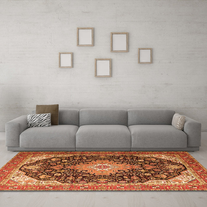 Machine Washable Medallion Orange Traditional Area Rugs in a Living Room, wshtr1252org