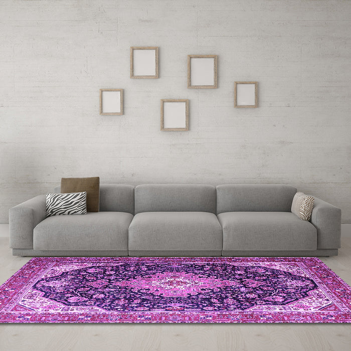Machine Washable Medallion Purple Traditional Area Rugs in a Living Room, wshtr1252pur