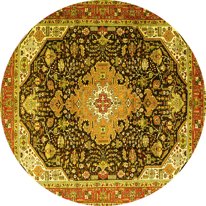 Round Machine Washable Medallion Yellow Traditional Rug, wshtr1252yw