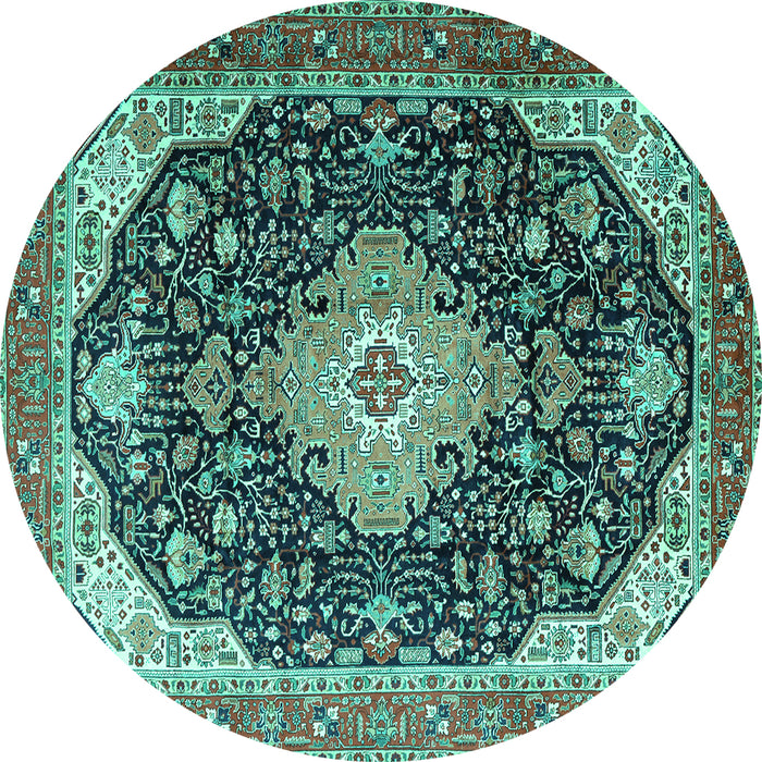 Round Machine Washable Medallion Turquoise Traditional Area Rugs, wshtr1252turq