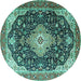 Round Machine Washable Medallion Turquoise Traditional Area Rugs, wshtr1252turq