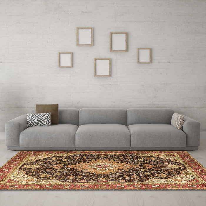 Machine Washable Medallion Brown Traditional Rug in a Living Room,, wshtr1252brn