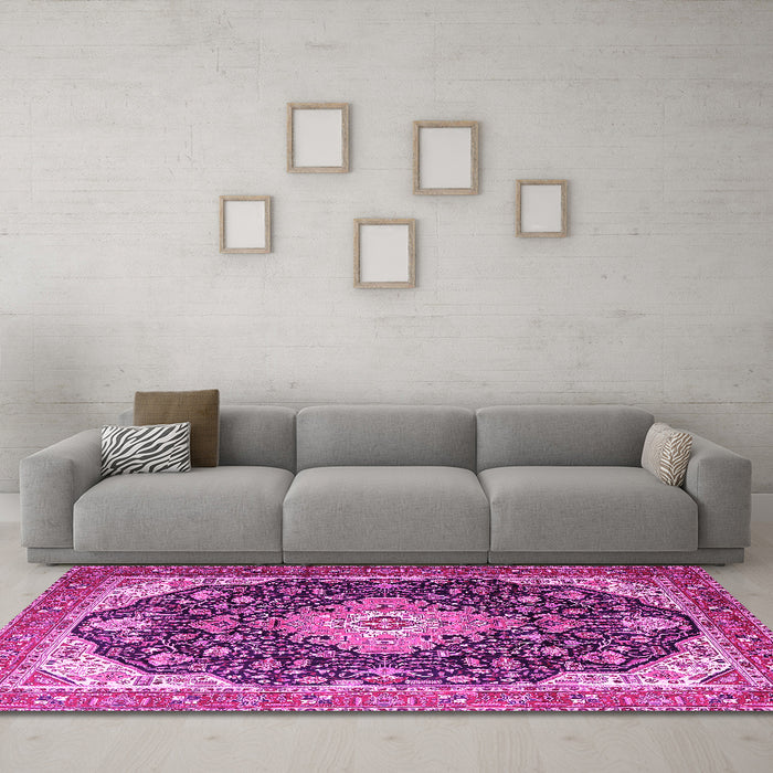 Machine Washable Medallion Pink Traditional Rug in a Living Room, wshtr1252pnk