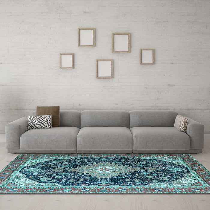 Machine Washable Medallion Light Blue Traditional Rug in a Living Room, wshtr1252lblu
