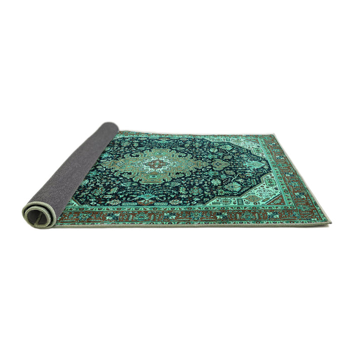 Sideview of Medallion Turquoise Traditional Rug, tr1252turq