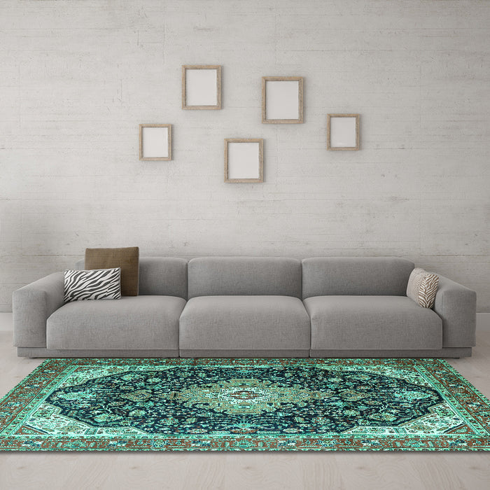 Machine Washable Medallion Turquoise Traditional Area Rugs in a Living Room,, wshtr1252turq