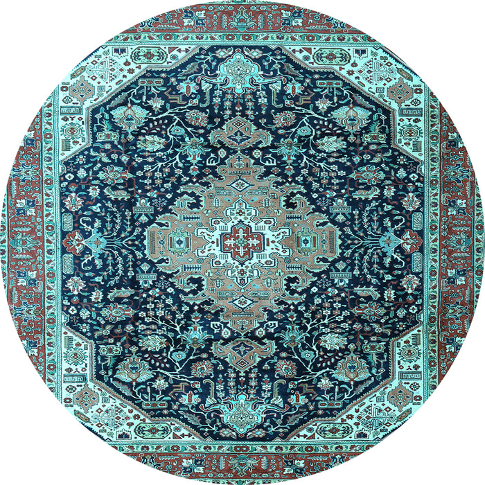 Round Machine Washable Medallion Light Blue Traditional Rug, wshtr1252lblu