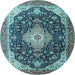 Round Machine Washable Medallion Light Blue Traditional Rug, wshtr1252lblu