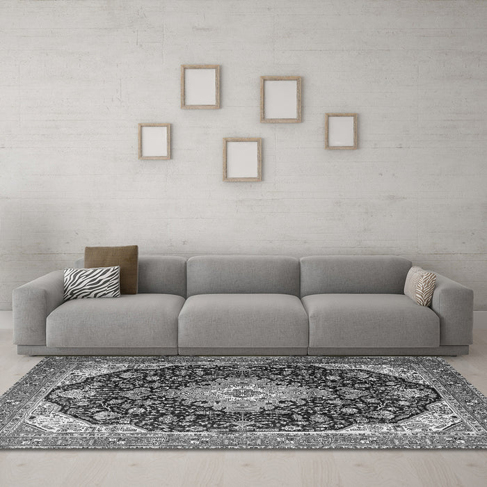 Machine Washable Medallion Gray Traditional Rug in a Living Room,, wshtr1252gry
