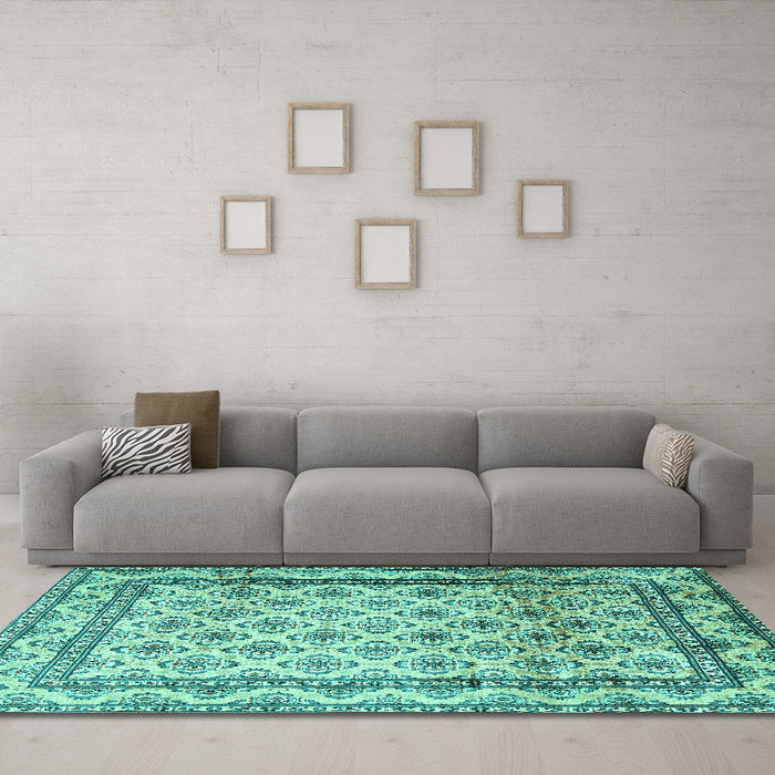 Machine Washable Persian Turquoise Traditional Area Rugs in a Living Room,, wshtr1253turq