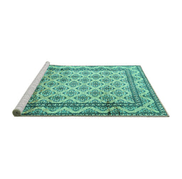 Sideview of Machine Washable Persian Turquoise Traditional Area Rugs, wshtr1253turq